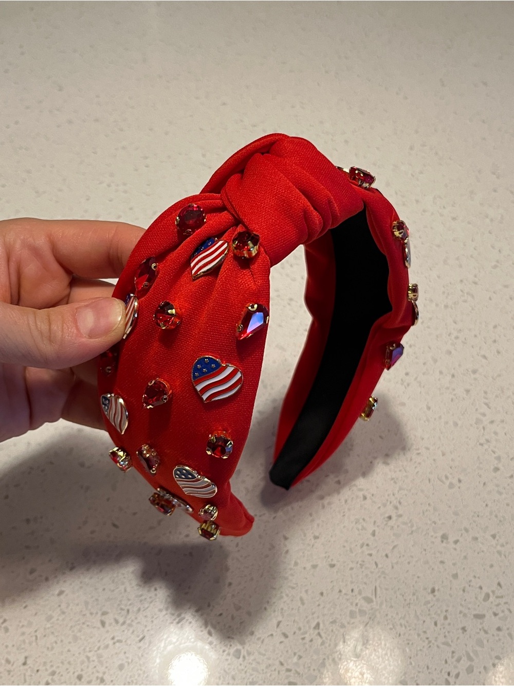 Patriotic Red White Blue Knotted Headband with Pearls & Gems